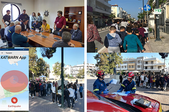 Figure 5: images from Koswave exercise, held in Kos (Greece) on 19 Nov 2020, as a final test of the local implementation of the Tsunami Last Mile suite of devices.
